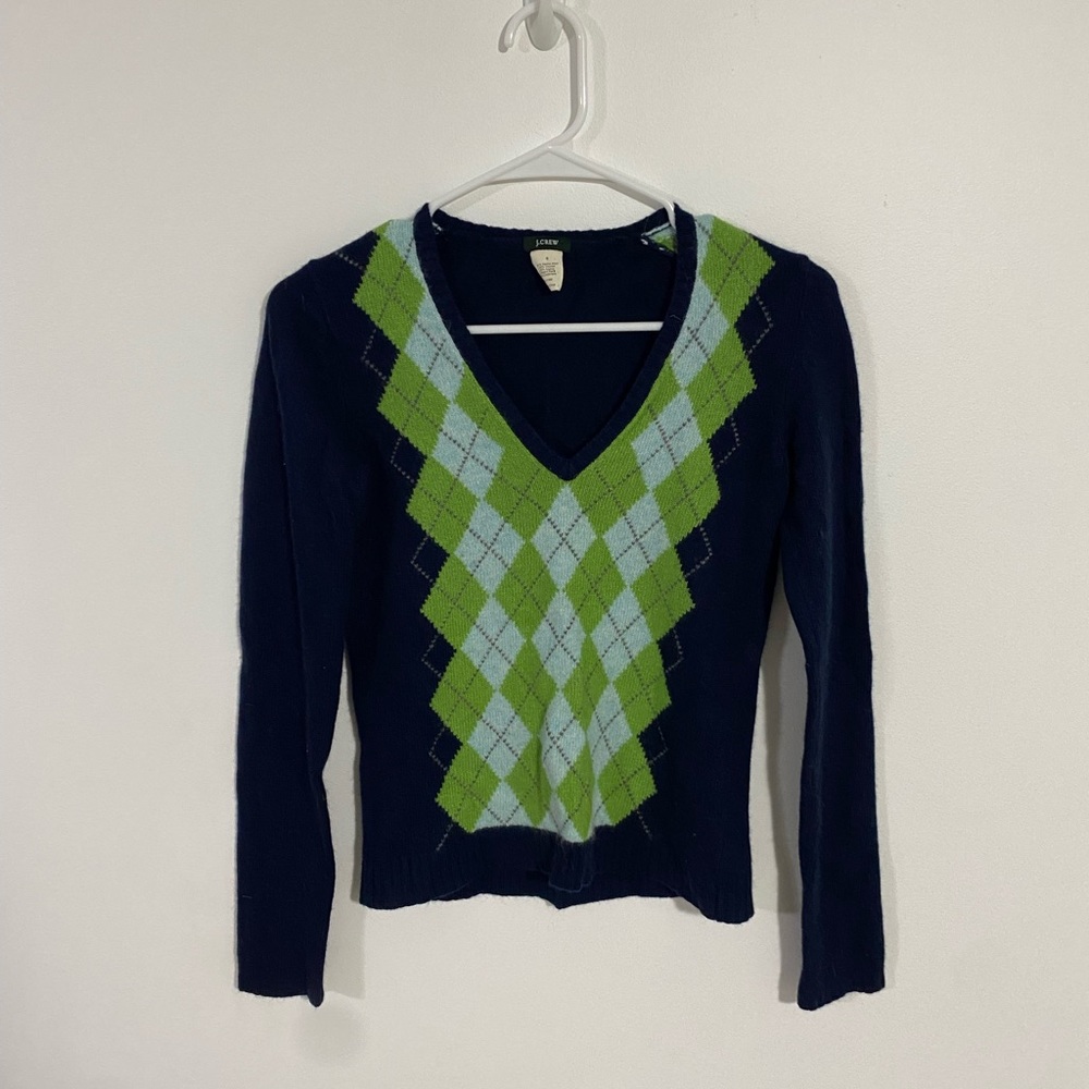 J. Crew Y2K preppy Argyle Merino Wool V-neck academia navy and green sweater S